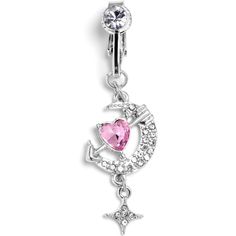 Product DetailsClear Pink Gem Moon Lover Dangle Clip On Fake Belly Ring If you like the look but aren't ready to commit yet, this faux navel ring is perfect for you! It is made with brass and features a clip on design to hold it securely in place without the need of a trip to the piercer. It features a crescent moon charm, paved with clear gems. Nestled in the curve of the moon is a pink gem heart, pierced with an arrow embellishment and also features a textured star dangle. Try out a new look b Fake Navel Piercing, Fake Belly Ring, Fake Belly Piercing, Getting Your Ears Pierced, Faux Septum Ring, Belly Piercings, Faux Septum, Moon Lover, Belly Piercing Jewelry