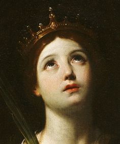 a close up of a painting of a woman with a crown on her head and an arrow in her hand