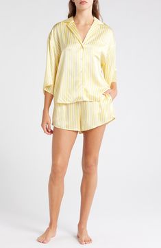 These silk pajamas are thermoregulating, breathable and the secret to a great night's sleep—but the best part is that they can go in the washing machine. The slightly cropped button-up top pairs perfectly with the matching elastic-waist shorts. 27" top front length; 3" inseam; 32" leg opening;, 13 1/2" front rise; 16 1/2" back rise (size Medium) Top has notched collar; elbow-length sleeves; chest patch pocket Shorts have elastic/drawstring waist 100% silk Hand wash, dry flat Imported Silk Sleepwear For Summer Pajama Party, Silk Sleepwear For Spring Loungewear, Summer Silk Daywear Sets, Summer Silk Sets For Daywear, Silk Summer Sets For Daywear, Silk Sleepwear Sets For Summer, Silk Sleepwear For Pajama Party, Spring Silk Sleepwear For Bedtime, Silk Sleepwear For Summer Lounging