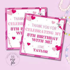 two pink and white birthday cards with hearts on them