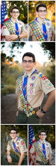 multiple shots of a boy scout posing for the camera with an american flag on his chest