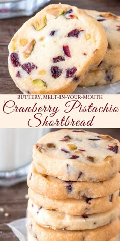 cranberry pistachio shortbread cookies are stacked on top of each other