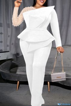 OrcaJump - Plus Size White Solid Patchwork Beaded O-Neck Jumpsuit Luxury Jumpsuits, Beaded Jumpsuit, Cocktail Jumpsuit, Pleated Jumpsuit, Party Outfits For Women, Banquet Dresses, Overall Jumpsuit, Hijabi Style, فستان سهرة