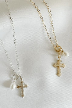 Genuine AA freshwater pearl and cross charms strung on dainty 14k gold filled OR sterling silver chain; adjustable. Removable charms for versatility.