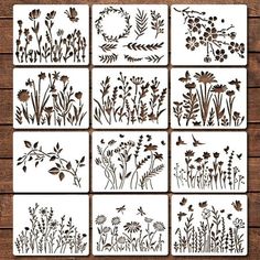 six different flower stencils are shown on a wooden surface, each with flowers and leaves