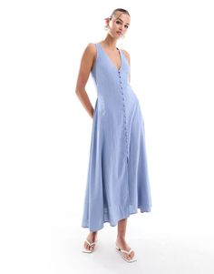 ASOS DESIGN button down linen look midi dress with full skirt in icy blue | ASOS Summer A-line Midi Dress For Daywear, A-line Dress With Button Closure For Day Out, Sleeveless Button-back Dresses For Day Out, Spring A-line Midi Dress With Button Closure, Sleeveless Button Back Dress For Day Out, Sleeveless Dress With Button Back For Day Out, Summer A-line Dresses With Buttons, Chic Sleeveless Dress With Button Back, Summer V-neck Dress With Button Back