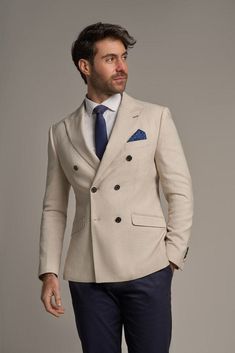 Cavani Romeo Double Breasted Beige Blazer - Jackets Beige Blazer Outfit, Double Breasted Suit Men, Costume Beige, Tweed Wedding Suits, Beige Suits, Dress Suits For Men