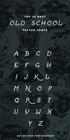 an old school tattoo font and numbers with skulls on the back, in black background