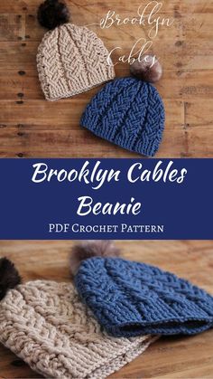 three crocheted hats with pom - poms on them and the words brooklyn cable