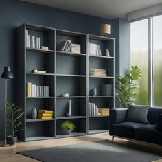 a living room filled with lots of furniture and bookshelves next to a window