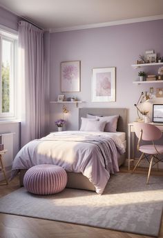 a bedroom with purple walls and white bedding, pink chair, gray rugs and pictures on the wall