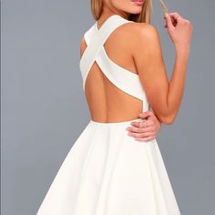 Lulus White Razor Back Skater Dress With Tags, Size Small, Great For Graduation! 67% Viscoe, 28% Nylon, 5% Spandex, Open Back Couture, Periwinkle Dress, White Skater Skirt, White Lace Skater Dress, White Dresses Graduation, White Skater Dresses, Cute White Dress, Knit Skater Dress, Black Skater Dress