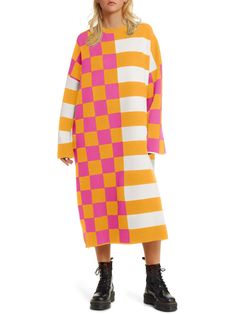 PRICES MAY VARY. Material: 55% Acrylic, 45% Cotton. Women's striped sweater dress is made of super soft knitted fabric, keeping you cozy and warm in fall and winter, oversized baggy style provide the maximum comfort when you wear it. Feature: Fall sweater dresses 2024 trendy, designed with striped and checkered pattern, crew neck, long sleeve, below knee length, soft cozy knit, casual loose fit, color block, drop shoulder, sweater dress midi, slouchy oversized sweater dress. Occasion: Midi sweater dress is perfect for night out, dating, party, honeymoon, vacation, holiday, work, office work, business, school, lounging, shopping or homewear, this checkered sweater suits for all body shapes and ideal for any occasions. Match：Oversized long sleeve sweater dress is a must-have fashion piece fo Sweater Dress With Sneakers, Alternative Office Fashion, Casual Multicolor Sweater Dress, Cozy Work Outfit, Fall Sweater Dresses, Sneakers With Dress, Colorful Capsule Wardrobe, Colorful Oversized Long Sleeve Cardigan, White Turtleneck Dress