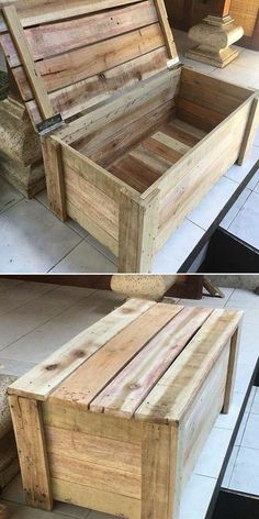 two pictures of an old wooden box that has been turned into a bench