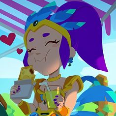 a cartoon character holding a drink and looking at her cell phone