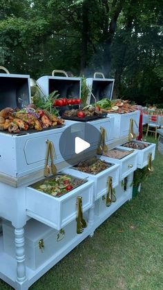 an outdoor buffet is set up in the grass