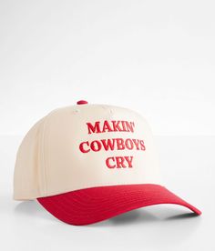 MADLEY. Makin' Cowboys Cry Baseball Hat - Red/Cream , Women's Red Embroidered snapback hat One size fits most. 65% Polyester 35% Cotton. Apparel & Accessories > Clothing Accessories > Hats Trendy Trucker Hat, Inappropriate Trucker Hats, Bachelorette Trucker Hats, Trucker Hats With Patches, Trendy Trucker Hats, Cute Baseball Hats, Cricut Gifts, College Hats, Trendy Hats