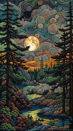 an image of a painting that looks like it is in the woods with trees and moon