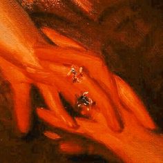 an abstract painting of two hands touching each other with orange and black colors in the background