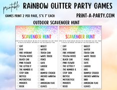 rainbow glitter party games for outdoor scavenger hunt with the text rainbow glitter party games