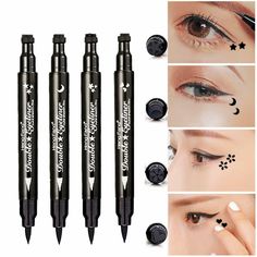 1 Piece Double-Ended Eyeliner Heart/Flower/Moon/Satr Shape Stamp Pen, Waterproof Long Lasting Eye Decoration Cosmetic Black  Double-headed Design: one side is eyeliner pencil, one side is eyeliner stamp. This allows you to get rid clutter and make one purchase because you do not need a messy brush, pencil and ink allowing you to complete cat wing eye makeup with one tool. High-Quality Material: Made from safe and gently ingredient material. It is suitable for all type skin. Easy to Carry: It is Eyeliner Stamp, Black Eye Makeup, Winged Eyeliner Stamp, Black Eyeliner Pencil, Waterproof Eyeliner Pencil, Liquid Eyeliner Pen, Waterproof Liquid Eyeliner, Black Liquid, Black Makeup