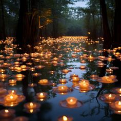 many lit candles are floating in the water near some trees and leaves on the ground