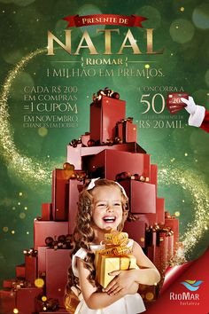 a girl holding a present in front of a christmas tree with presents on it and santa claus