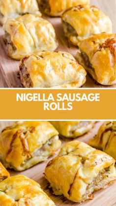 several different types of pastries on a cutting board with text overlay that says,'nigglela sausage rolls '