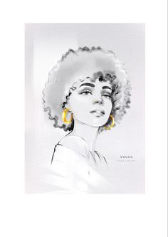 a drawing of a woman with yellow earrings