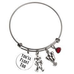 PRICES MAY VARY. Halloween Bracelet - This adorable IT Movie Bracelet is made of stainless steel. And another three charms are made of alloy. Horror Fan Gift - The famous words from Pennywise himself. This bangle is perfect for the IT lovers! Stainless Steel Adjustable Bangle and Hypoallergenic, anti-tarnish, lead and nickle free. Measures:about 2.4 inches (62mm / 6.2cm) diameter; 7.75 inches (19.5 cm) Comes with Jewelry gift box, ready for giving. Product Features:   You'll Float Too Bracelet I It Movie, Movie Horror, You'll Float Too, Halloween Bracelet, Film Horror, Famous Words, Adjustable Bangle, Sentimental Gifts, Jewelry Gift Box