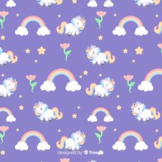 unicorns and rainbows on purple background with hearts, stars, and clouds in pastel colors