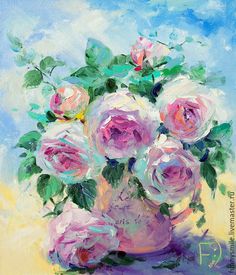 a painting of pink roses in a vase