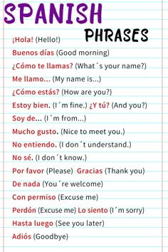 spanish phrases on lined paper with the words