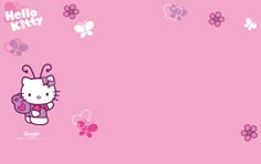 the hello kitty wallpaper is pink and has butterflies around it, as well as flowers