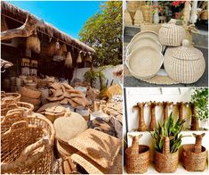 baskets and other items are displayed at an outdoor market, including straw hats on display