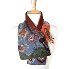 Art To Wear Scarf-Collar From Upcycled Felted Wools. Embellished With Suede Button (Vintage) And Yarns. Microfiber Fleece Lining For Softness & Warmth. Maroon Scarf, Wear Scarf, Hand Dyed Silk Scarf, Short Scarves, Art Scarves, Flower Scarf, Hand Knit Scarf, Handmade Scarves, Yellow Knit