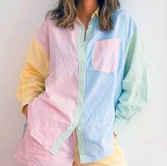 Pastel Colour Blocking Fashion, Kawaii Outfits Pastel, Color Blocking Shirt, Pastel Color Outfit, Pastel T Shirt, Pastel Color Shirts, Outfits Pastel, Pastel Shirt, Color Block Blouse