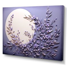 an abstract painting with purple flowers in front of a full moon