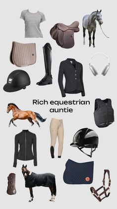 an assortment of equestrian equipment including helmets, boots and gloves