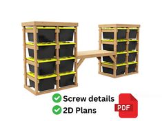 two shelves with black and yellow bins next to each other