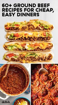 an image of different types of food with text overlays that reads 60 + ground beef recipes for cheap, easy dinners