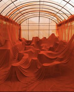 an orange room with sheer curtains covering the walls