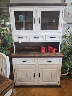 RUSTIC CANYON HUTCH AND BUFFET W/ WHITE DISTRESSED STAIN - The Rustic Mile Modern Farmhouse Hutch, White Farmhouse Table, White Hutch, Farmhouse Hutch, Painted Hutch, Repainting Furniture, Outdoor Mattress, Farmhouse Sideboard, Dining Room Hutch