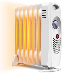 an electric heater with yellow light coming from it's front and back sides