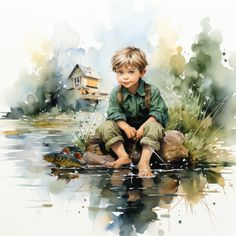 a painting of a young boy sitting on a rock in the water with a fish