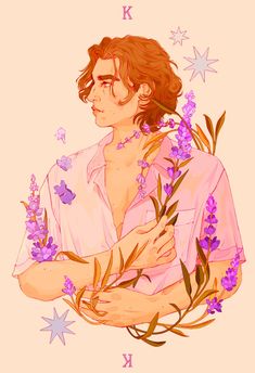 a drawing of a man with flowers and stars around him