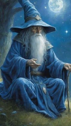 an old wizard sitting on the ground in front of a full moon