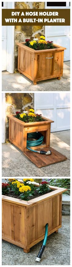 two pictures showing the inside of a wooden box with flowers in it