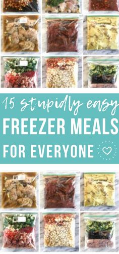 freezer meals in plastic bags with text overlay that reads 15 stupidly easy freeze meals for everyone