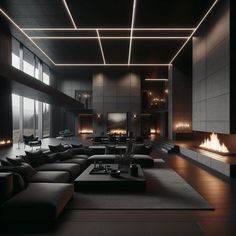 a large living room with black furniture and fireplace in the center, surrounded by dark walls